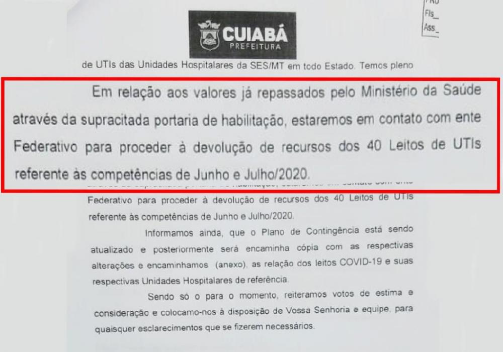 Governo comprova com documento da Prefeitura de Cuiabá exclusão de 40 leitos da Covid