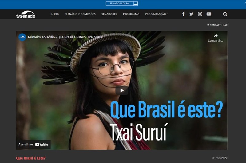 A jovem líder indígena Txai Suruí é uma das entrevistadas da série 'Que Brasil é este?', da TV Senado - Agência Senado
