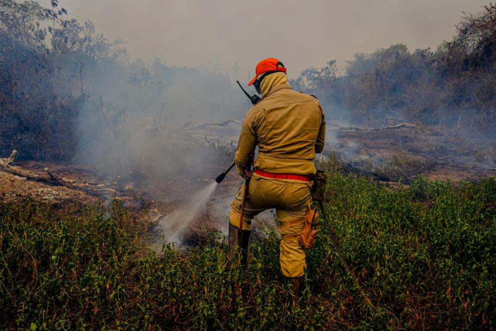 Bombeiros fazem teste com uso de retardantes para combater incêndios no Pantanal