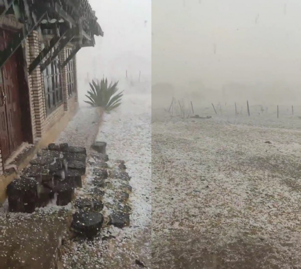 Chuva de granizo deixa “tapete” de gelo no chão em Chapada dos Guimarães